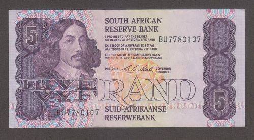 SOUTH AFRICA FIVE RAND C STALS BANKNOTE WITH ERROR EXTRA HAIR/INK BLOB - AU CONDITION