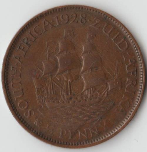 1928 UNION SOUTH AFRICA HALF PENNY EXTRA WAVES ABOVE "NY"TO"KA" MISSING STAR BETWEEN PENNY & AFRIKA
