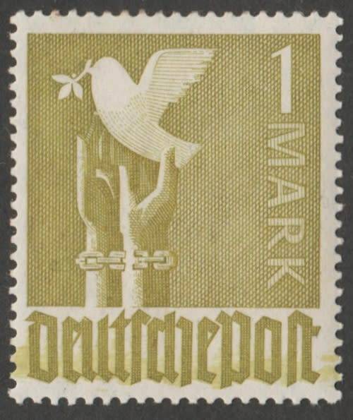 1947 GERMANY JOINT ALLIED OCCUPATION 1 MARK DOVE OF PEACE ERROR - LARGE INK SMEAR-MINT HINGE REMAINS