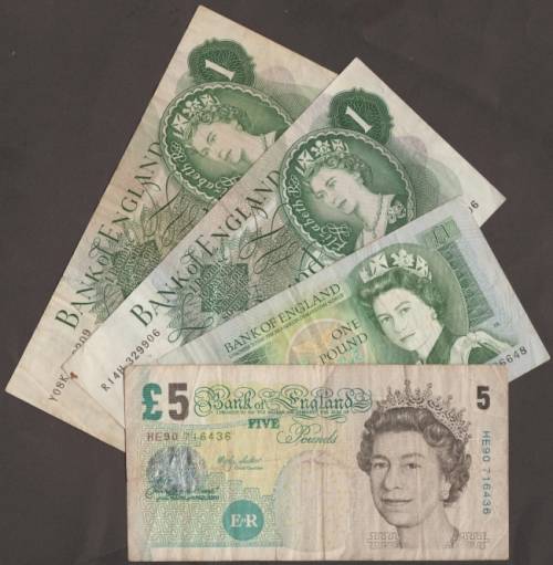 GREAT BRITAIN BANK OF ENGLAND 5 POUND BANKNOTE AND 3 x 1 POUND BANKNOTES
