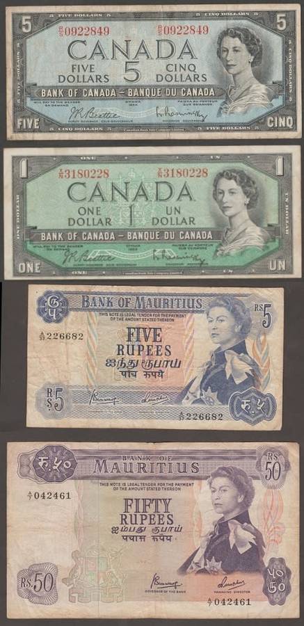 1950`s CANADA $5 DOLLAR AND $1 BANKNOTES - MAURITIUS QEII 50 RUPEES AND 5 RUPEES BANKNOTES