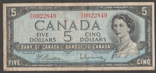 1950`s CANADA $5 DOLLAR AND $1 BANKNOTES - MAURITIUS QEII 50 RUPEES AND 5 RUPEES BANKNOTES