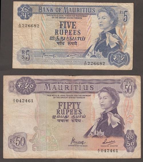 1950`s CANADA $5 DOLLAR AND $1 BANKNOTES - MAURITIUS QEII 50 RUPEES AND 5 RUPEES BANKNOTES