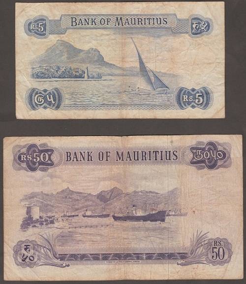1950`s CANADA $5 DOLLAR AND $1 BANKNOTES - MAURITIUS QEII 50 RUPEES AND 5 RUPEES BANKNOTES