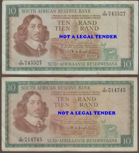 SOUTH AFRICA TW de JONGH R1, R 2, R 5 and R 10 BANKNOTE LOT BOTH WATERMARKS