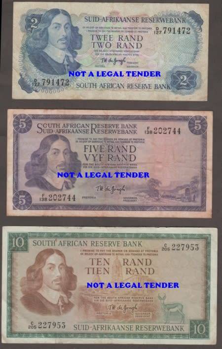 SOUTH AFRICA TW de JONGH R1, R 2, R 5 and R 10 BANKNOTE LOT BOTH WATERMARKS