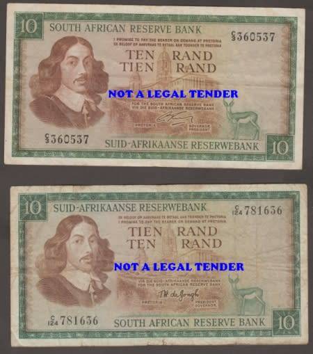 SOUTH AFRICA TW de JONGH R1, R 2, R 5 and R 10 BANKNOTE LOT BOTH WATERMARKS