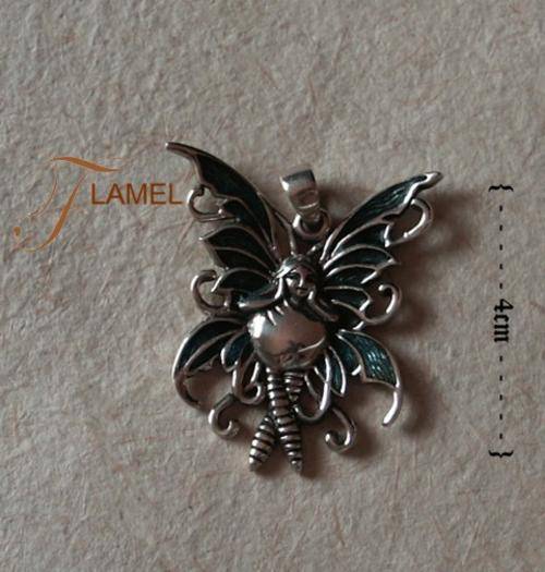 STERLING SILVER PENDANT FAIRY WITH GREEN WINGS