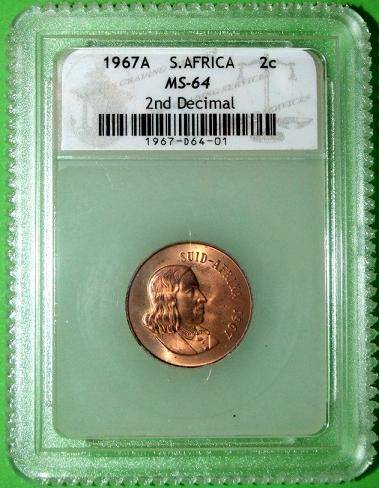 Graded Coin - 1967A South Africa 2 Cent (MS-64)