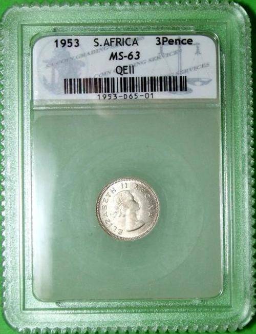 Graded Coin - 1953 South Africa 3 Pence (MS-63)