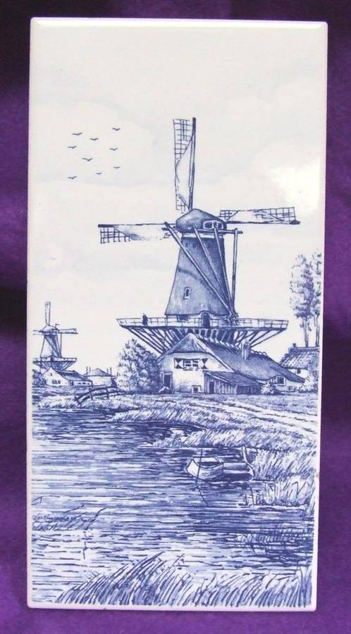 Gorgeous Hand-painted in Holland Delft Blue Tile - Windmill Motif