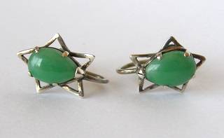 Silver Star EARRINGS with Green Jade Stones
