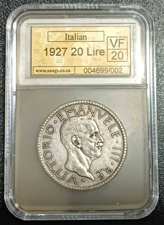 Kingdom of Italy 1927R A.VI  Vittorio Emanuele III 20 Lire Silver Coin - GRADED VF20