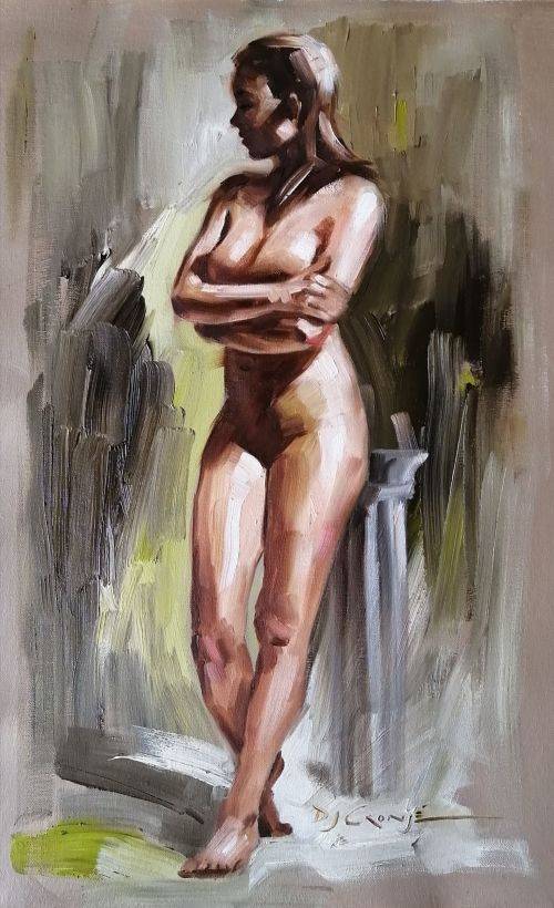 Nude in the shadows, oil painting by Danie Cronje, unframed
