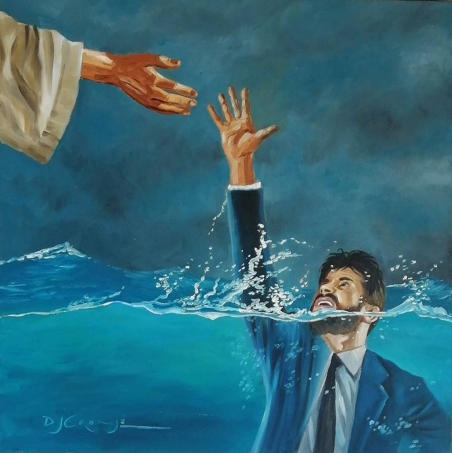 Helping hand, oil painting by Danie Cronje on blocked canvas