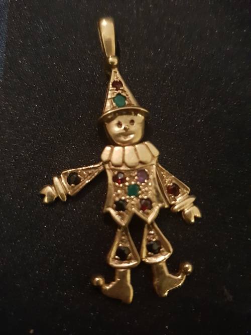 9ct gold clown Vintage with Ruby/Amethyst/Emerald/dark sapphire-moving limbs and head