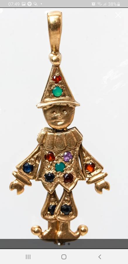9ct gold clown Vintage with Ruby/Amethyst/Emerald/dark sapphire-moving limbs and head