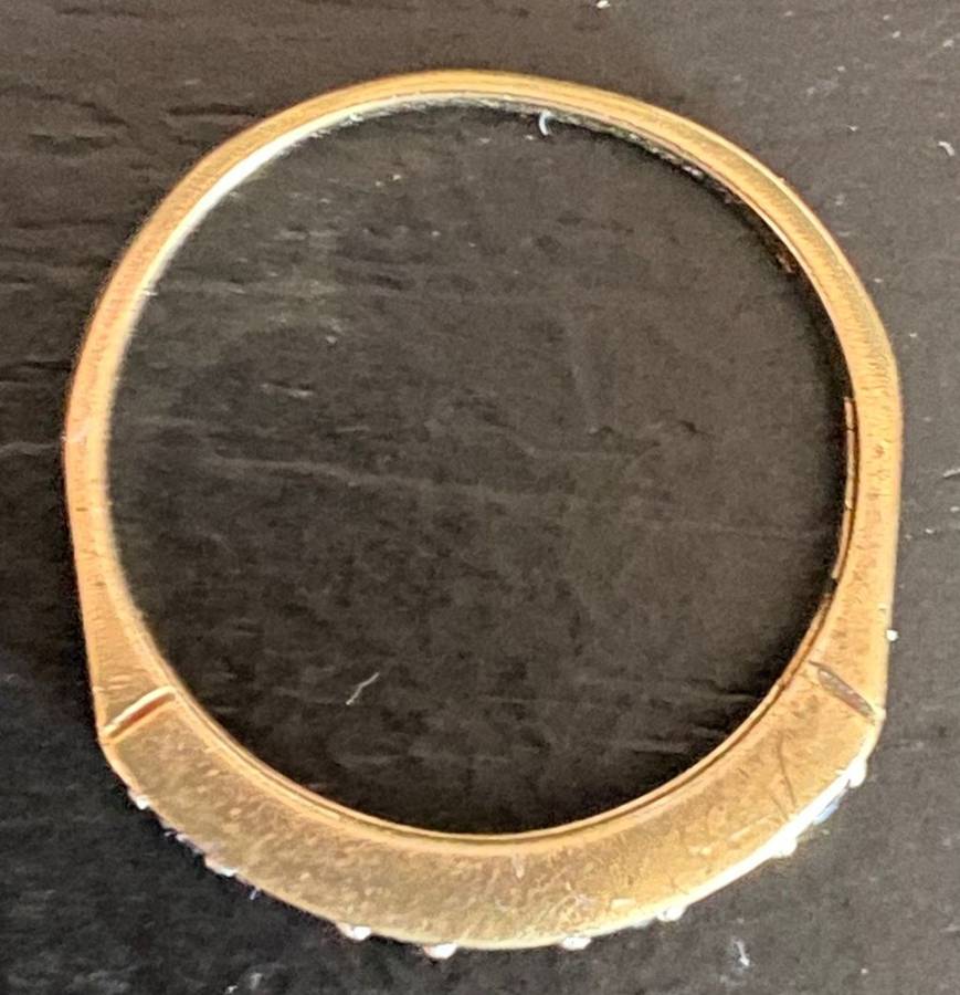 Pretty 9ct yellow gold with 3 rows channel band setting of pink and white stone ring