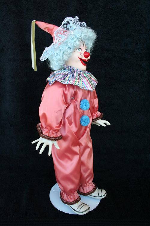 PORCELAIN CLOWN DOLL--FULLY DRESSED WITH STAND