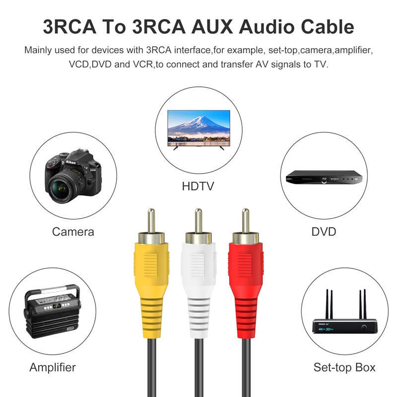 1.5M 3 RCA Male to Male Pin Audio Video Cable with Best Conductive Metal Connectors and Set Top Boxe
