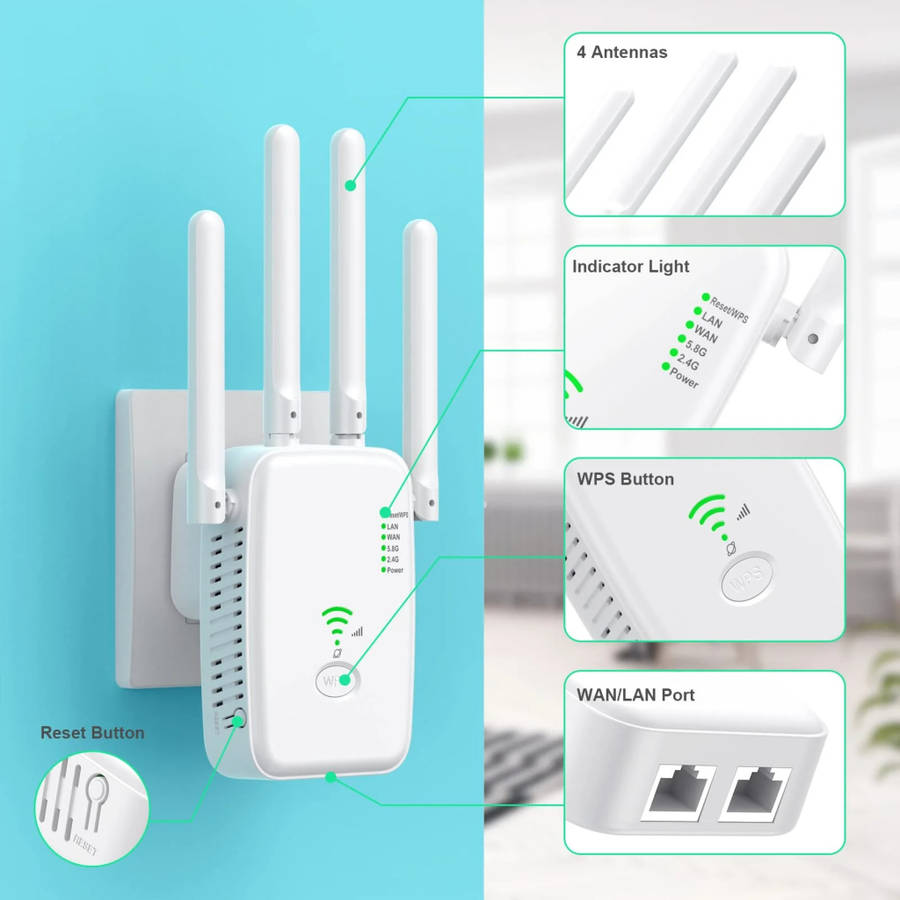 Repeater 1200 Mbit/s Wlan Amplifier Wifi Repeater Dual Band 5 Ghz And 2.4 Ghz Wifi Extender 2 Ethern