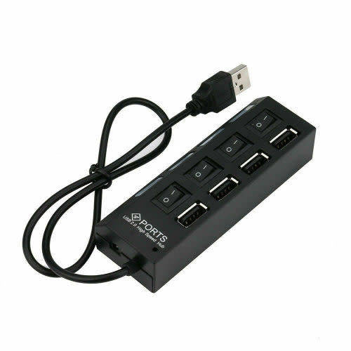 Portable 4-Port Usb 2.0 Black Hub With High-Speed Adapter On/Off Switch