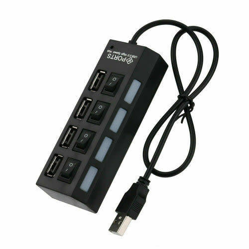 Portable 4-Port Usb 2.0 Black Hub With High-Speed Adapter On/Off Switch