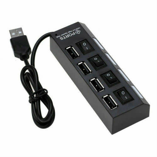 Portable 4-Port Usb 2.0 Black Hub With High-Speed Adapter On/Off Switch