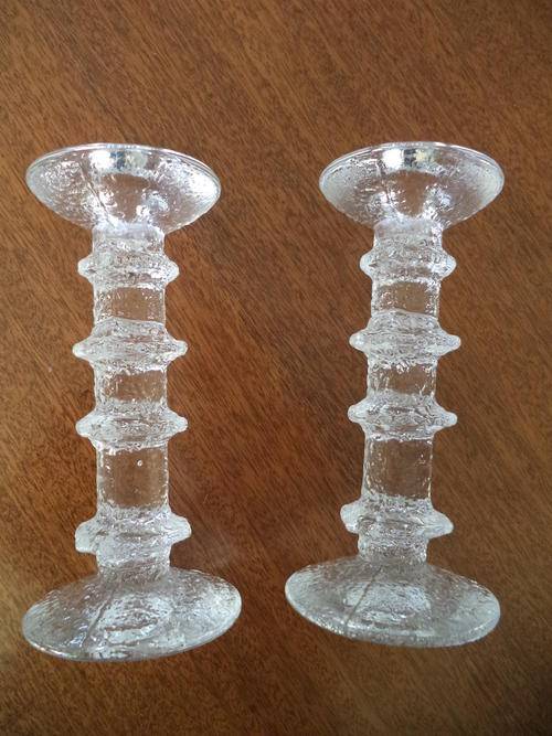 PAIR UNUSUAL GLASS CANDLE HOLDERS - PRICE FOR BOTH ITEMS