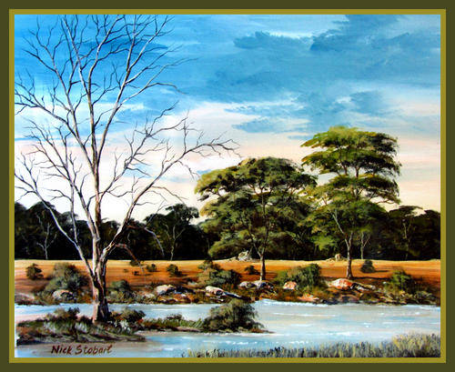 '' LIFE AT THE RIVERBANK ( The African way) Original signed acrylic by Nick Stobart.