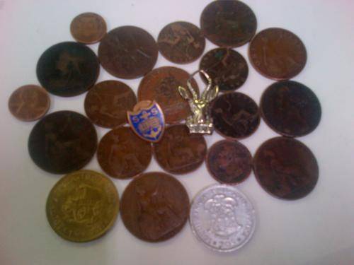 Coins from the 1800's & silver 20c & badges
