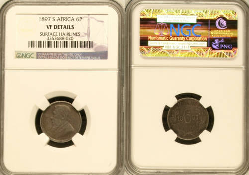 #1897 Z.A.R 6pence  S.AFRICA (NGC) VF Details#scarce in any grade