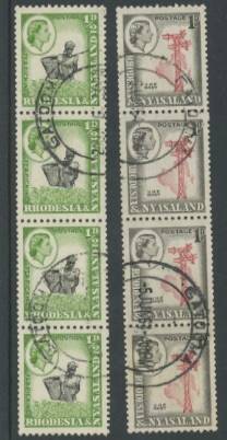 Rhodesia and Nyasaland QE II 1959 Coils - Fine Used strips of 4 - SCARCE