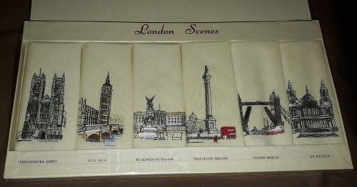Vintage Sundew Embroidered Linen Tea Napkins: Scenes  Of London (never used)