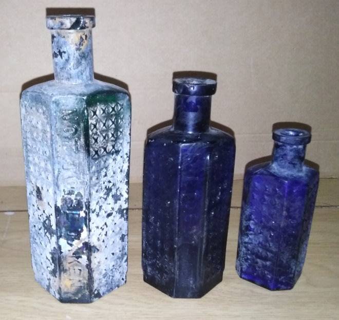 3 Vintage Flatback, Half-Hexagonal Hobnail Bottles, 1 x Green, 2 Cobalt Blue