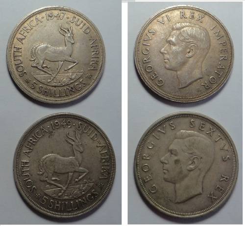 80% Silver 5-Shillings of the Union of South Africa (Crowns of 1947 & 1949)