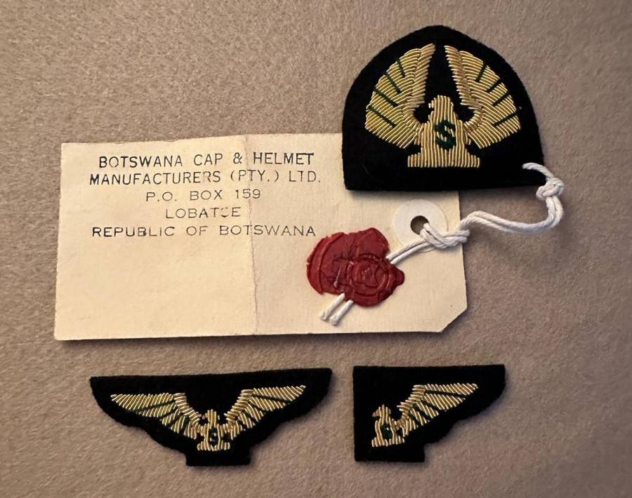 Rhodesian Civil Aviation Bullion Badge - ENVELOPE SKYLINE AIR CHARTERS CAP BADGE, STENCIL, DESIGN ET