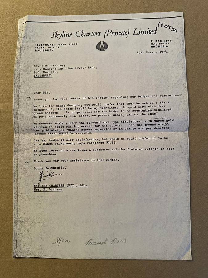 Rhodesian Civil Aviation Bullion Badge - ENVELOPE SKYLINE AIR CHARTERS CAP BADGE, STENCIL, DESIGN ET