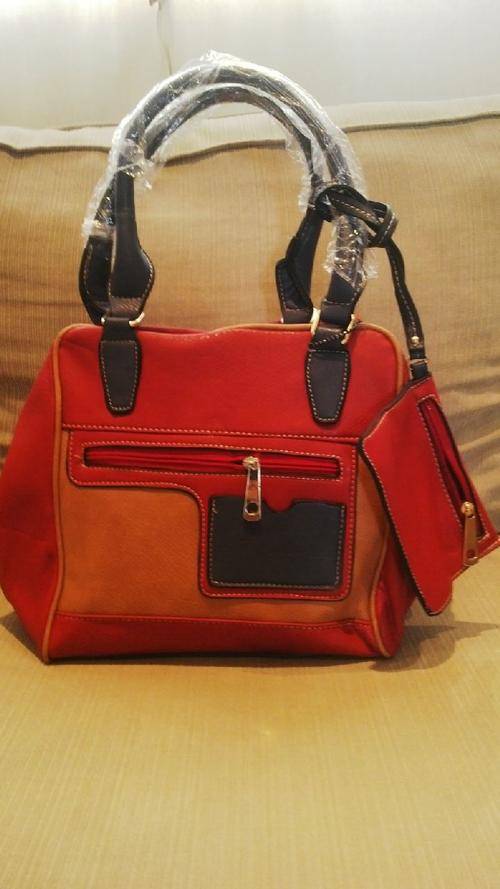 ***Stunning Ladies 2pc Red/Tan/Blue PU Leather Handbag***BEAUTIFUL PIECE***BRAND NEW***