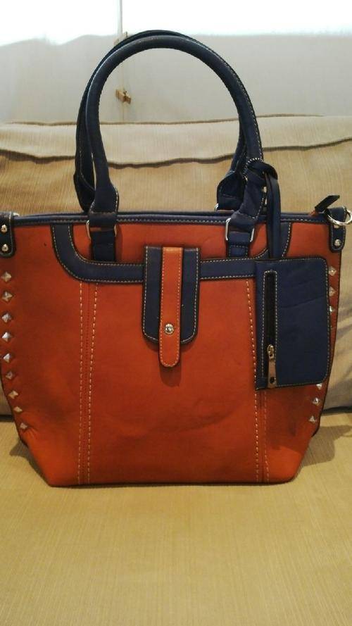 ***Stunning Ladies 2pc Tan/Blue PU Leather Handbag***BEAUTIFUL PIECE***BRAND NEW***