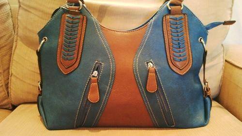 **Stunning Ladies Blue/Brown PU Leather Handbag With Beautiful Detail & Design**BRAND NEW**