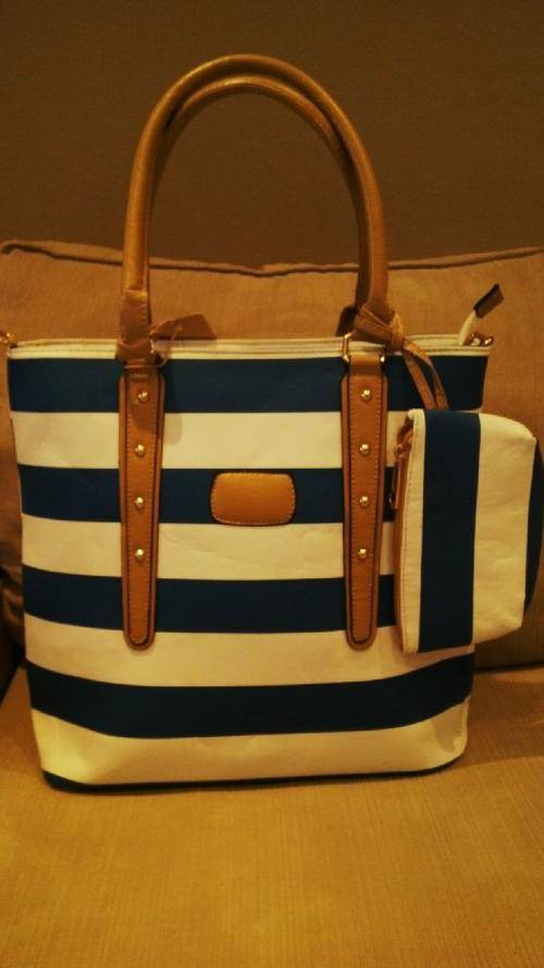**NEW**Stunning 3pc Ladies PU Leather Handbag With Beautiful Detail & Design***BLUE/BEIGE***