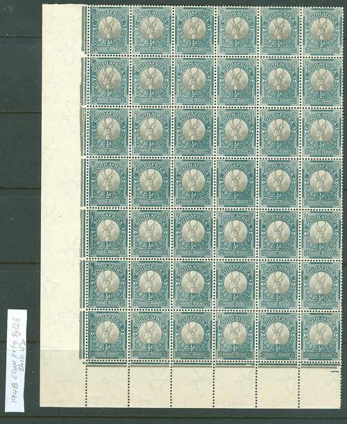 UNION OF SOUTH AFRICA 1948 ECONOMY  PRINTING BOTTOM LEFT CNR BLOCK OF 21 PAIRS MNH SG126