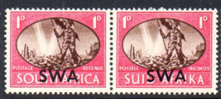 SOUTH WEST AFRICA 1945 KGVI VICTORY SG131V 1d PAIR WITH VARIETY-BARBED WIRE FLAW-ROW 9/6