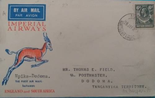 IMPERIAL AIRWAYS FIRST FLIGHT NORTHERN RHODESIA (BROKEN HILL)-TANZANYIKA (DODOMA) 1932.