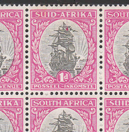 South Africa 1948 1d Ship cyl 6A mint marginal block of 36, top row stamp 4 showing St Elmo`s light