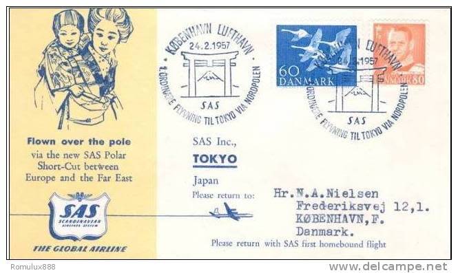SAS FIRST FLIGHT COPENHAGEN- TOKYO -NORTH POLE SHORT CUT ROUTE 1957 WITH SCARCE INSERT