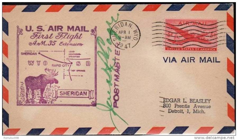 U.S AIR MAIL FIRST FLIGHT (A.M35 )EXTENSION SHERIDAN(DETROIT)-RAPID CITY(SOUTH DAKOTA) 1947 SIGNED B