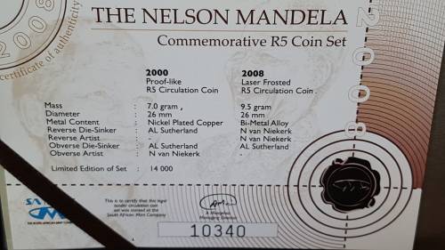 MANDELA COMMEMORATIVE R5 SET PROOF LIKE 2000 AND LASER FROSTED 2008