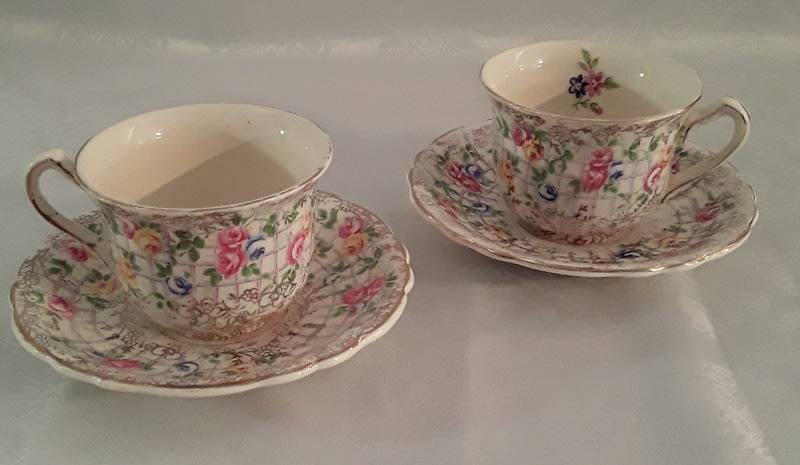 Two magnificent vintage James Kent Fenton Trellis Rose coffee cup sized duos